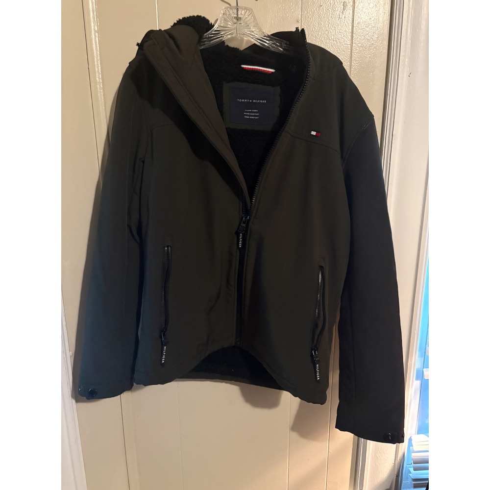 Tommy Hilfiger Mens Olive Green Sherpa Lined Softshell Hooded Jacket Size S